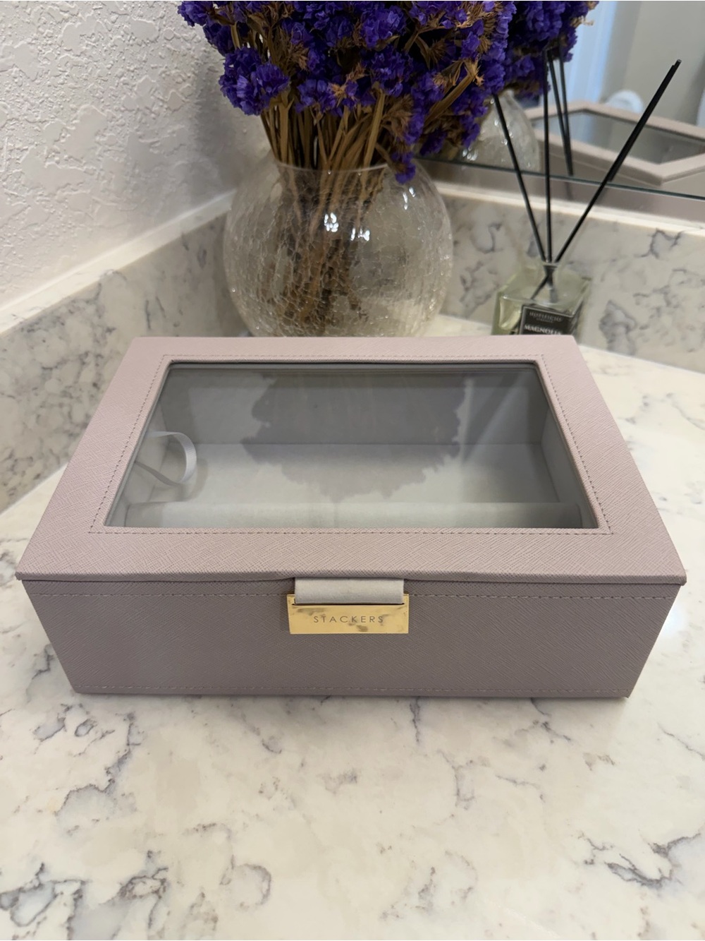 Stackers Eyewear Storage Box Glass Lid Taupe Gold Hardware